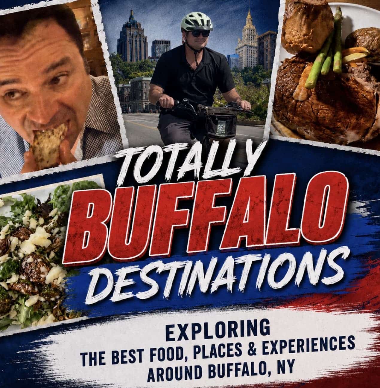 Totally Buffalo Destinations cover art with Scott biking in Buffalo and local food